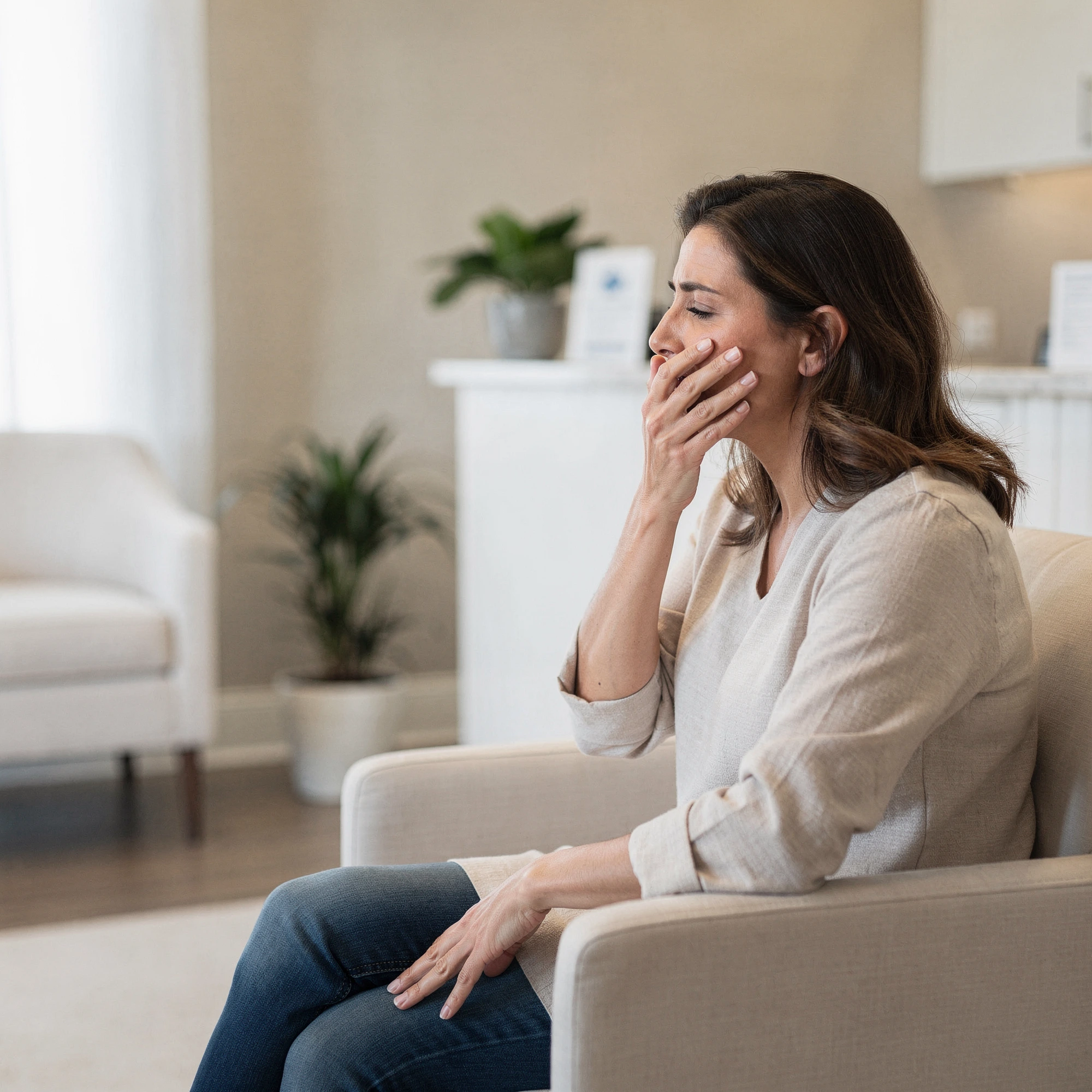 Woman holding her cheek in pain while sitting on a couch at home
